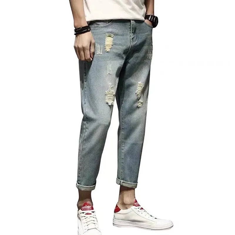 Men's Summer Thin Loose Straight Leg Jeans Casual Nine Point Ankle-Length Torn Elastic Cotton Denim Youth Fashion Wear