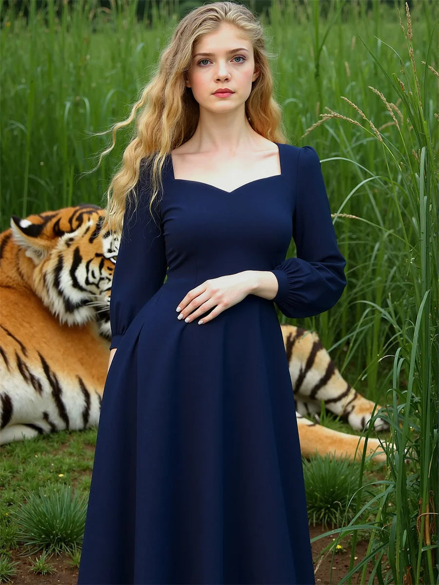 Women'S Dress Autumn Woman Long Sleeve Square Collar Elegant Beautiful Feminine Pretty Sweet Lovely Cute Fancy Exquisite Simple