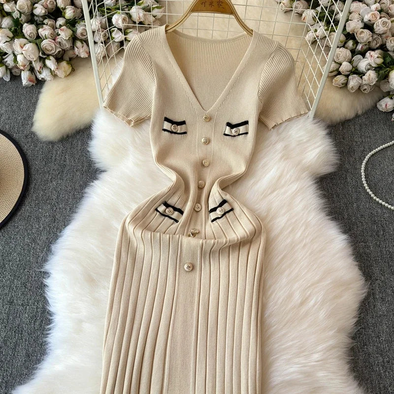 Elegant Knitted Long Dress Women Summer V Neck Single Breatsed Short Sleelve Bodycon Dresses Fashion Party Office Lady Vestidos