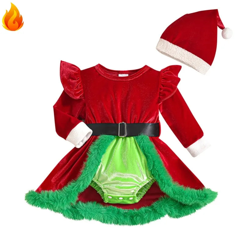 Baby Girl's Christmas Velvet Dress with PP shorts & Hat Set ,Pom pom Trim baby girl clothes,크리스마스 아기의상 ,vestido bebê menina luxo