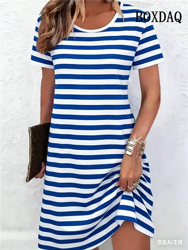 Plus Size Women's Dresses Summer Fashion Tie Dye Striped Flowers 3D Printed Short Sleeve Dress Casual Loose Woman's Clothing 6XL