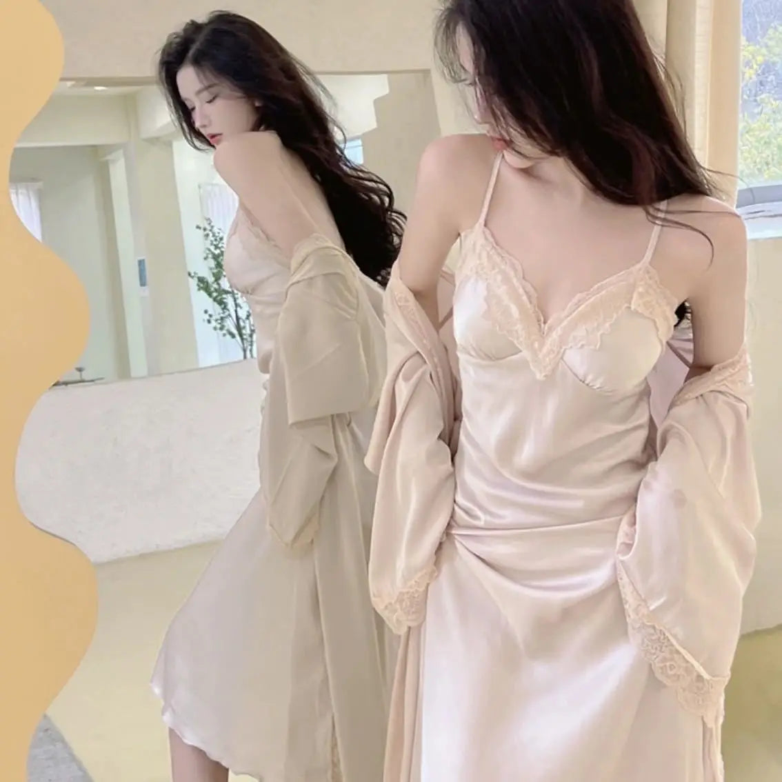 Princess Style Robe Set 2Pcs Vestidos De Novia Nightgown Sexy Lace Patchwork Nightdress Chemise Sleepwear Long Home Dress