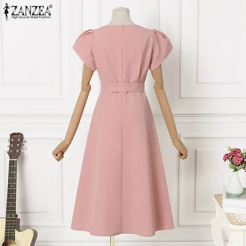 Women Fashion OL Work Sundress ZANZEA Elegant Summer Short Sleeve Dress Casual Solid A Line Vestido Kaftan Sarafans Robe Femme