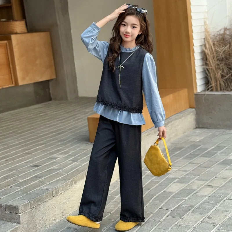 Back To School Clothing for Girls Outfits Set Toddler Kids Vest +Blue Shirt + Pants 3pcs Teens Kids Costumes Spring Autumn 2025