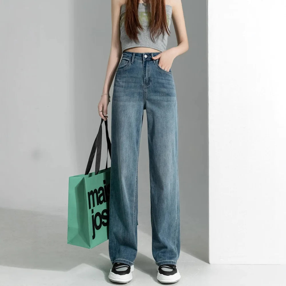 Women's vintage wide-leg jeans, loose straight cut, high-waisted, slimming, petite-friendly, with a drapey, floor-length design