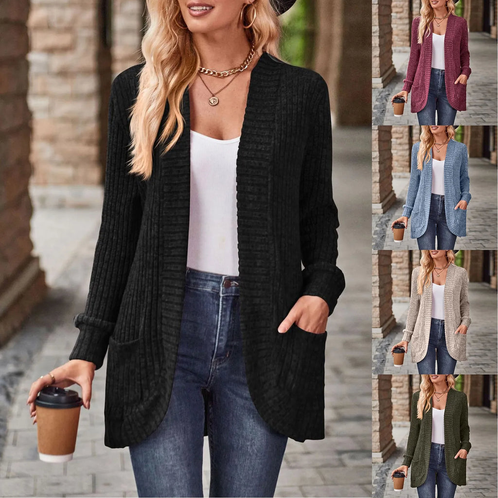 Cardigan Femme Ajouré Avec Poches – Ouvert Manches Longues Casual Automne