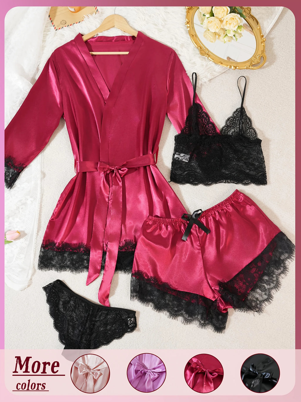 Ensemble Pyjama Satin 4 Pièces avec Robe