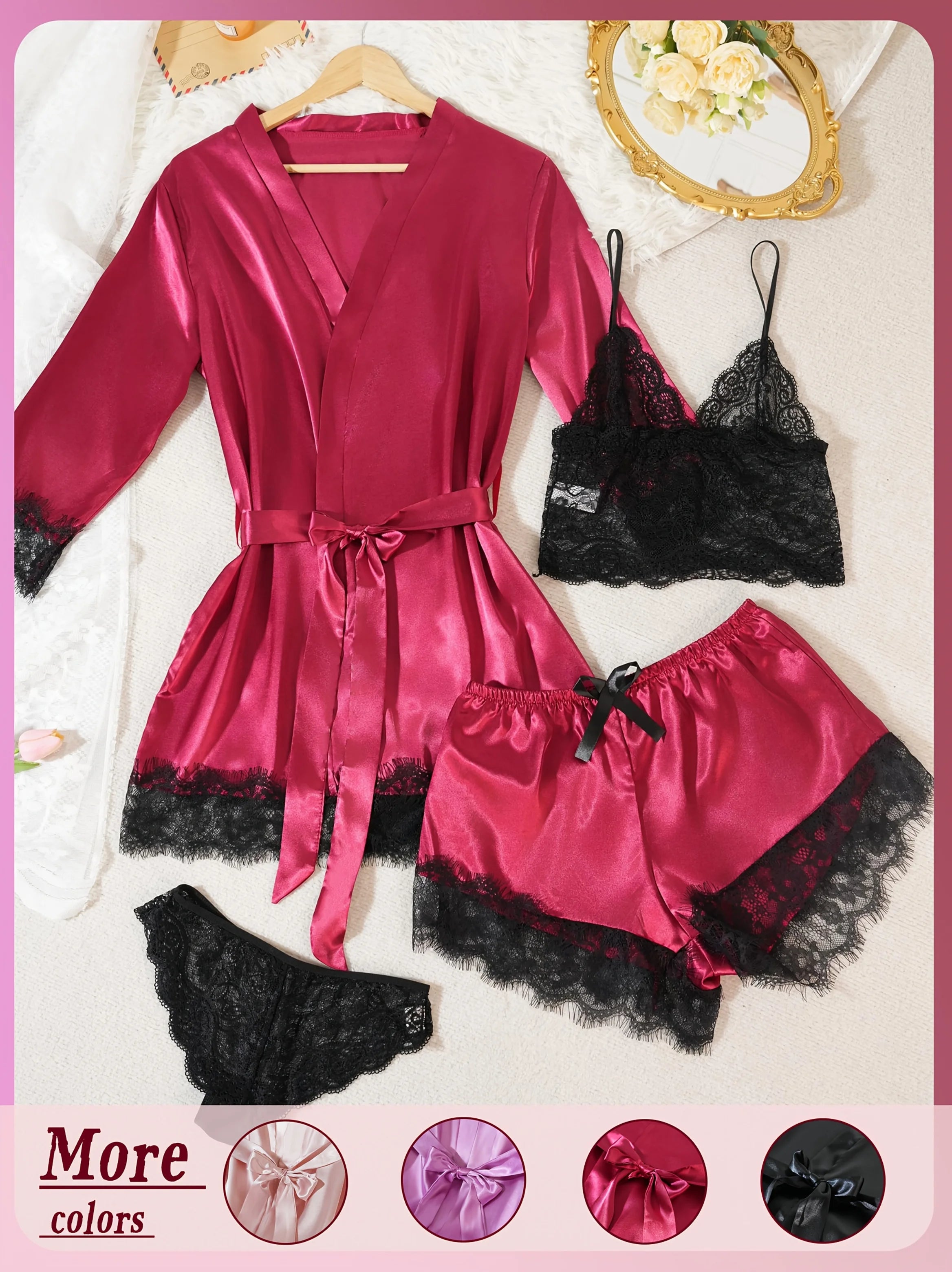 Ensemble Pyjama Satin 4 Pièces avec Robe