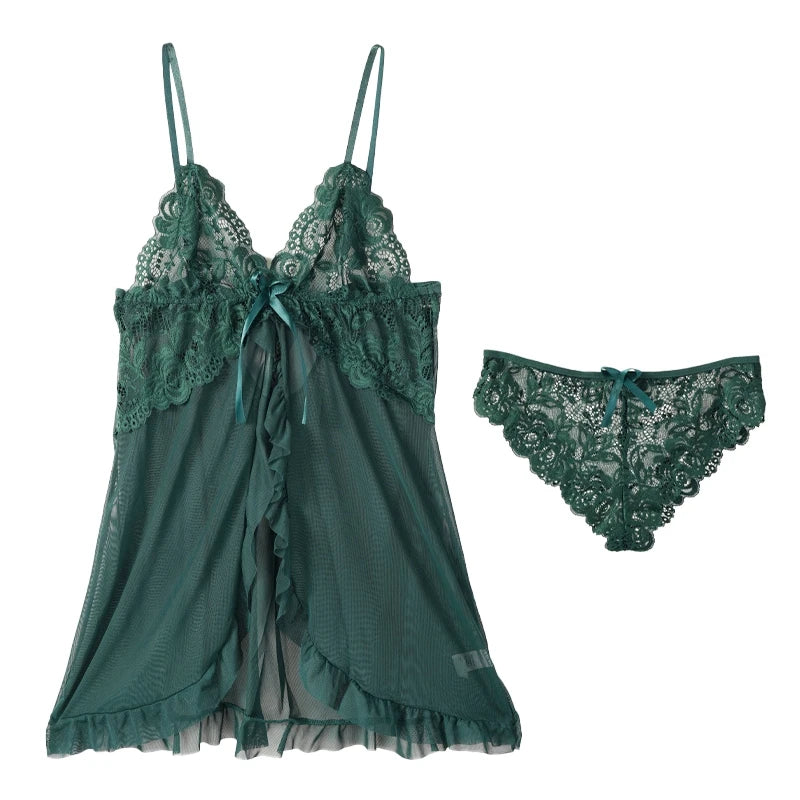 Women Lace Mesh Nightgown Set V Neck Ruffle Hem Slip Dress With Thong Sexy Bow Decor Ladies Sleepwear Lingerie