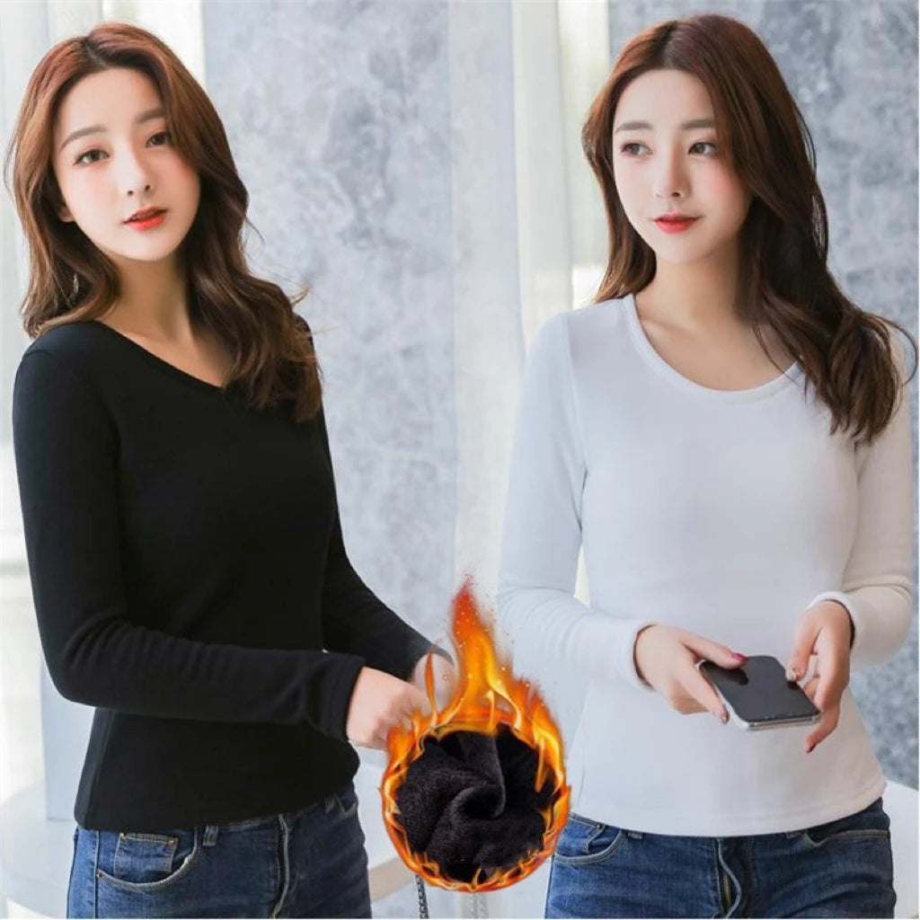 1pcs Women Velvet Thermal UnderwearT-shirt Solid Color V-Neck TShirt Winter Warm Top Female Round Neck Long Sleeve Tee Pullover