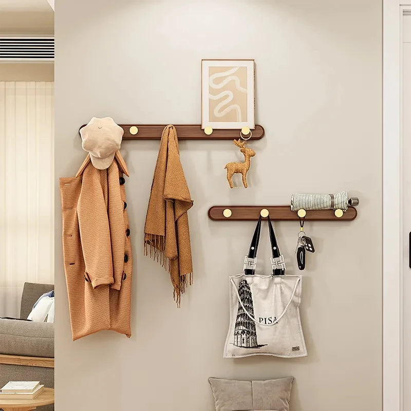 Patère Murale Bois Noyer et Laiton – Entrée Manteaux Clés Décoration