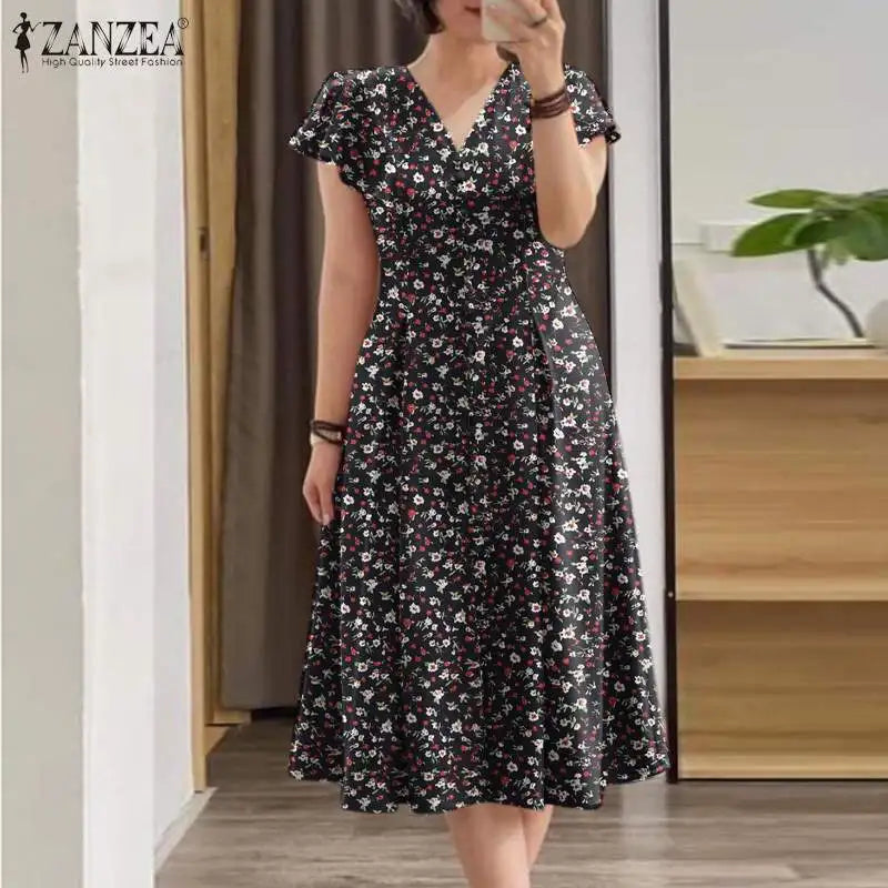 2024 ZANZEA Elegant Summer Dress Women Bohemian Sundress Robe Femme V Neck Short Sleeve Floral Printed Holiday Vestido Kaftan