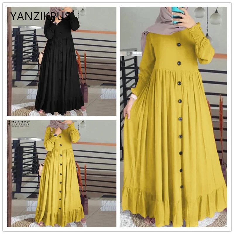 Retro Loose Large Round Neck Ruffle Dress, Arab Robe, Cotton and Hemp Art, Muslim Luxury Fashion, Spring and Autumn, New