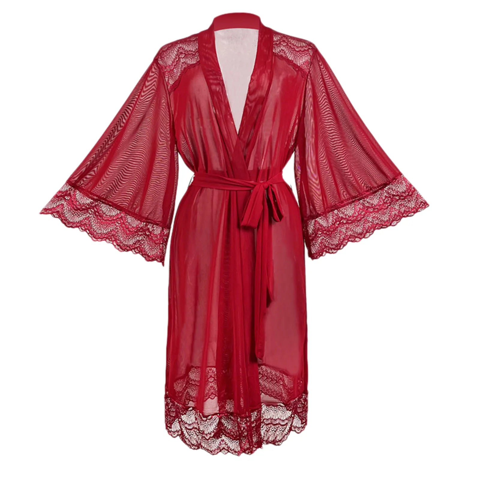 Red Women Lace Gown Sexy Wedding Bathrobe Underwear Wear Ladies Mesh Nightwear Home Dress Comfort Loungewear