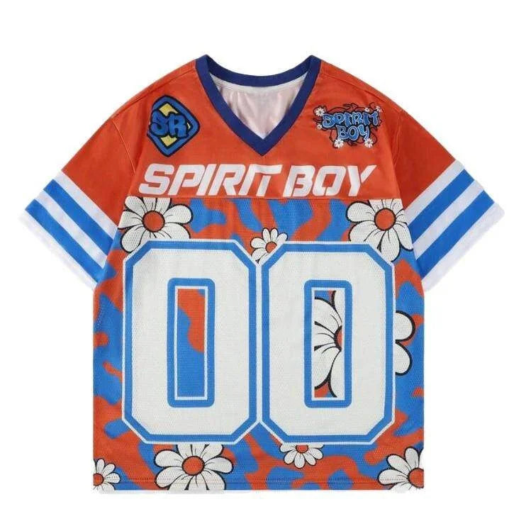 American Retro Jersey Style Digital Printed Short Sleeved Breathable Loose V-neck T-shirt Unisex High Street Top