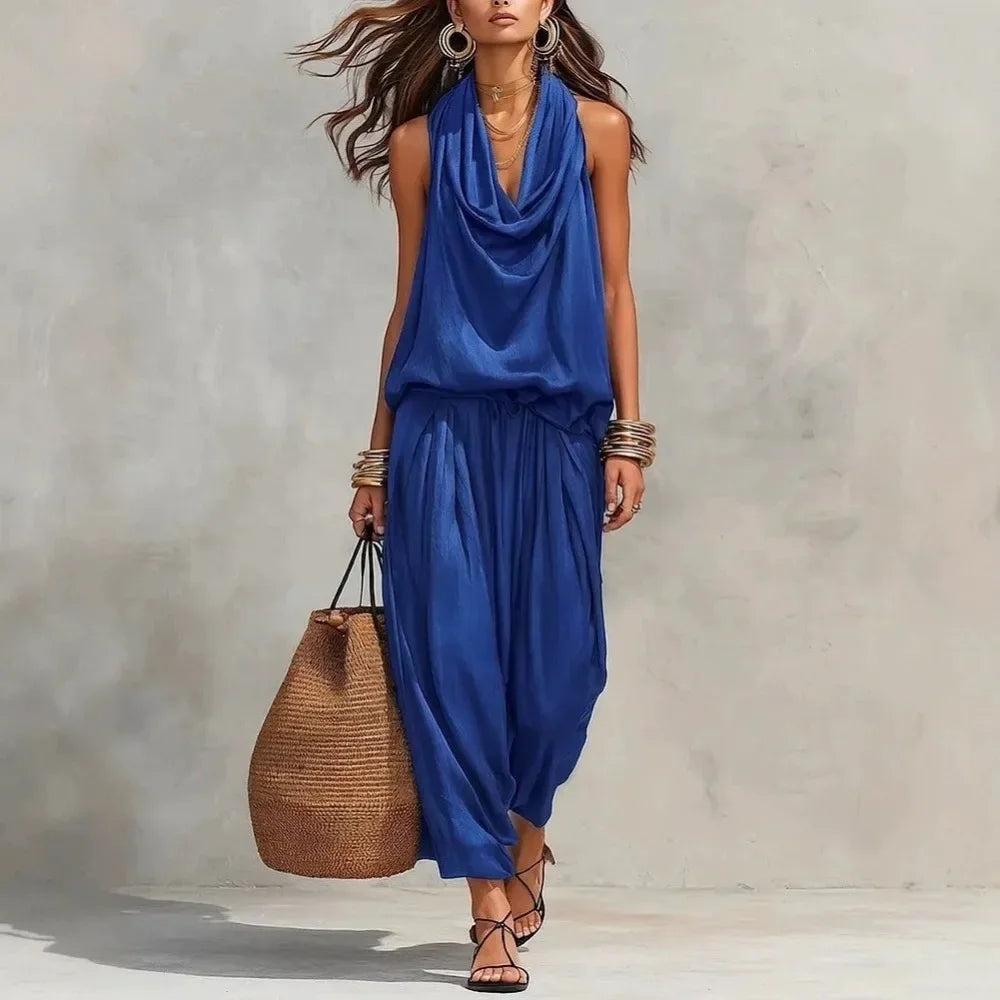 Women 2 Piece Outfit Pleated Collar Sleeveless Vest & Casual Pants Set Elegant High End Commuter Matching Suit European Style