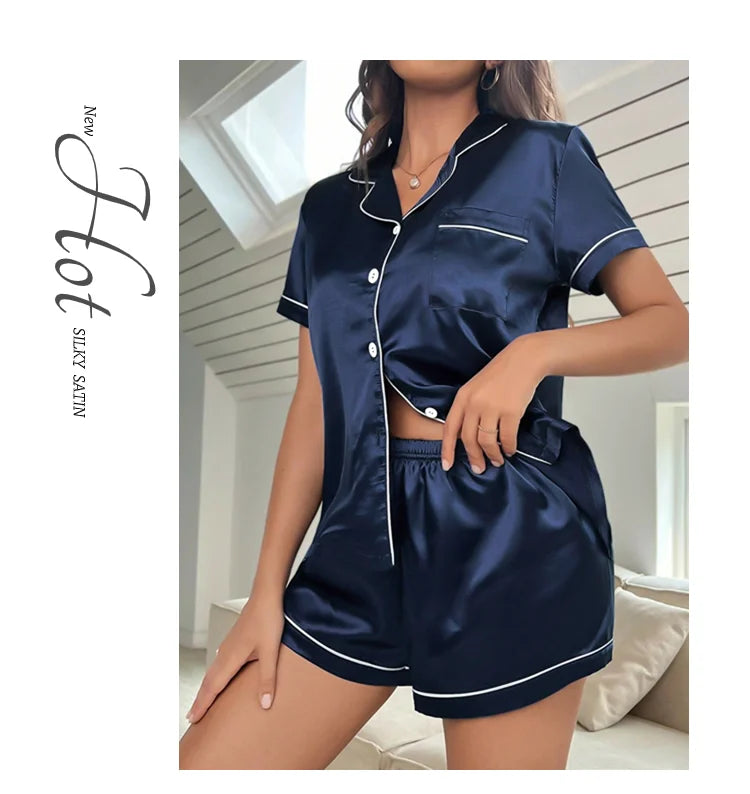 Elegant Satin Solid Pajamas Set Short Sleeve Lapel Buttons Top And Shorts Breathable Fabric Skin-Friendly Fit Women's Sleepwear