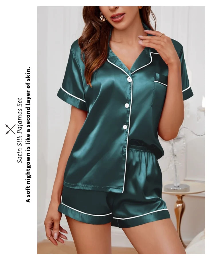 Elegant Satin Solid Pajamas Set Short Sleeve Lapel Buttons Top And Shorts Breathable Fabric Skin-Friendly Fit Women's Sleepwear