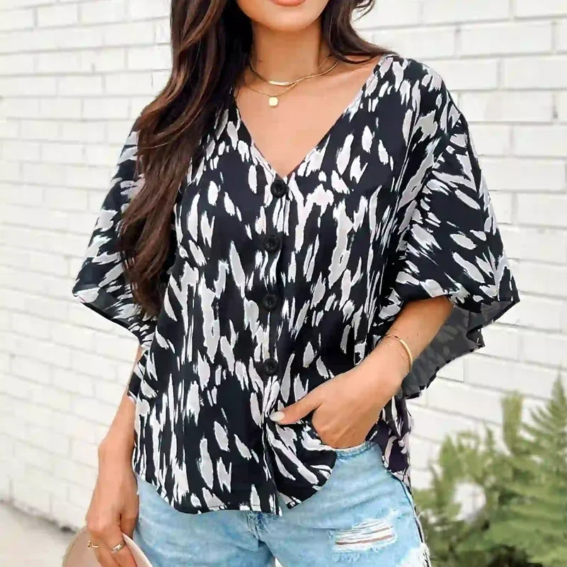 Plus Size Women's Shirt, Spotted Printed Cardigan Button V Neck Top. Casual and Fashionable Summer Clothing
