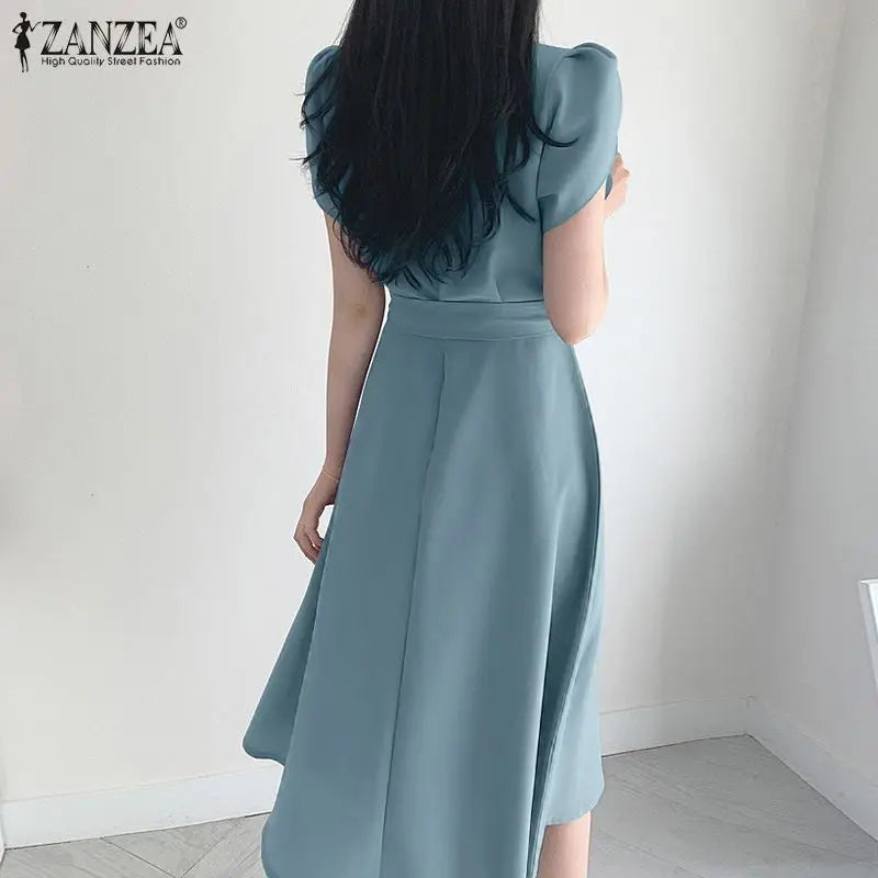 Women Fashion OL Work Sundress ZANZEA Elegant Summer Short Sleeve Dress Casual Solid A Line Vestido Kaftan Sarafans Robe Femme