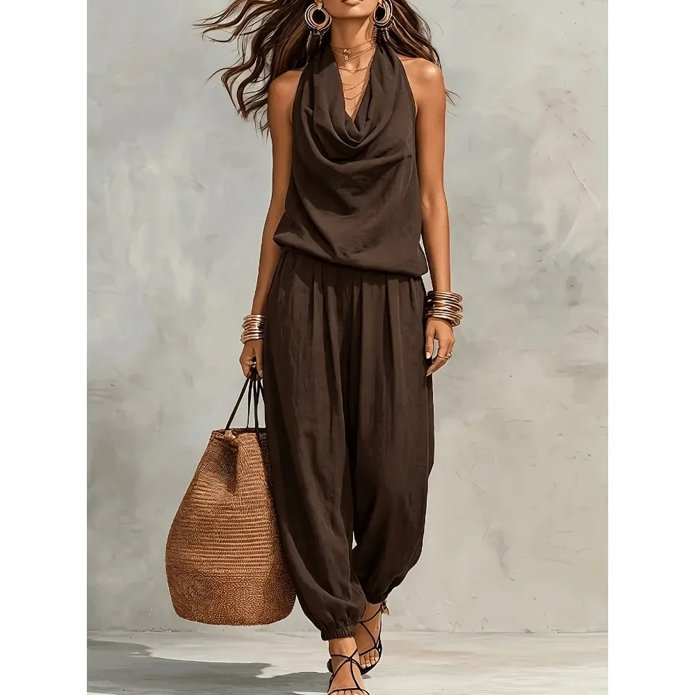 Women 2 Piece Outfit Pleated Collar Sleeveless Vest & Casual Pants Set Elegant High End Commuter Matching Suit European Style