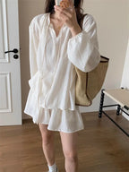 Plus-size Fashionable and Casual Women's Summer Outfit for Plus-size Loose Sunscreen Long-sleeved Top with Shorts Two-piece Set