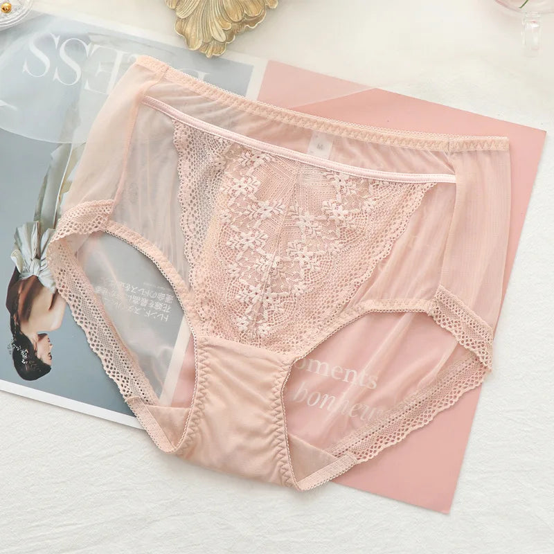 Women Transparent Lace Panties Large Sizes with High Waist Summer Sexy Mesh Hollow Out Briefs Women's Underwear Plus Size