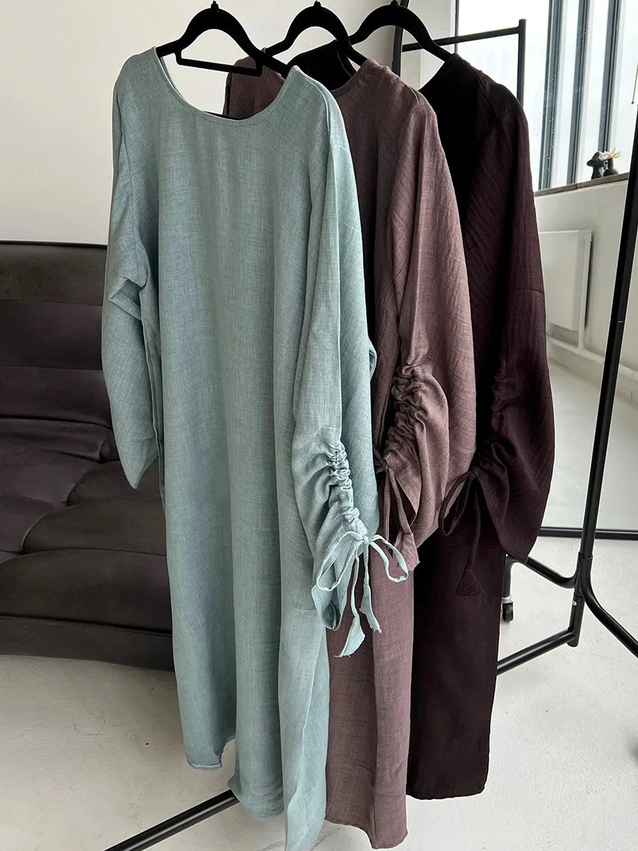 Vestidos Muslim Women Dubai Abaya Drawstring Sleeve Long Dress Kaftan Solid Modest Ramadan Robe Plus Size Femme Islamic Clothing