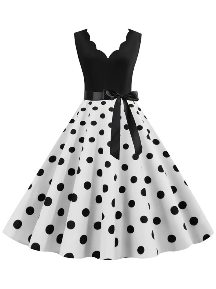 Women Dot Print Dress Summer Sexy V-neck Sleeveless Elegant Vintgae Party Dress Vestidos  S~3XL Robe Femme