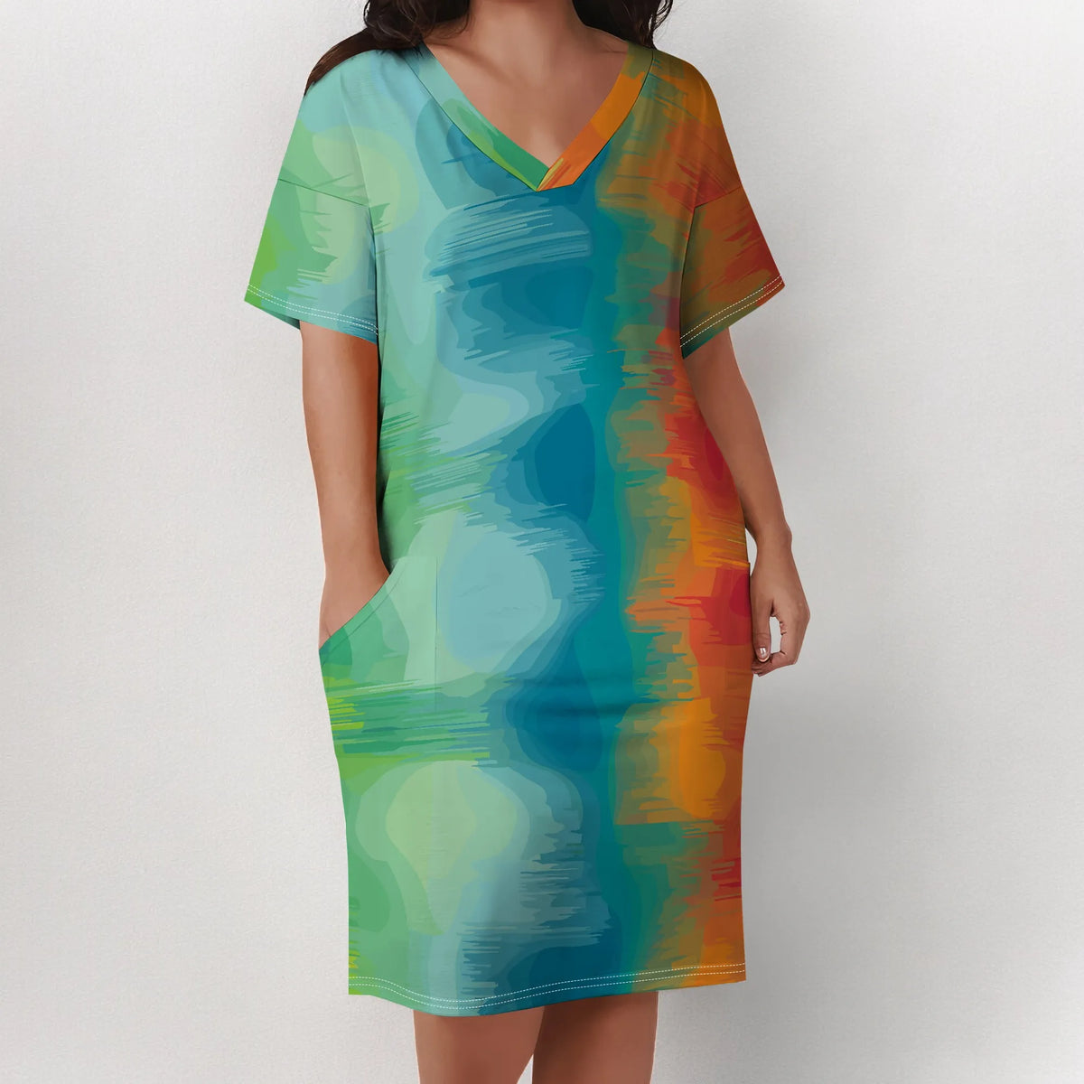 Plus Size Women Casual T-Shirt Dress V Neck Short Sleeve with Front Two Pockets Solid Color Oversize Dresses