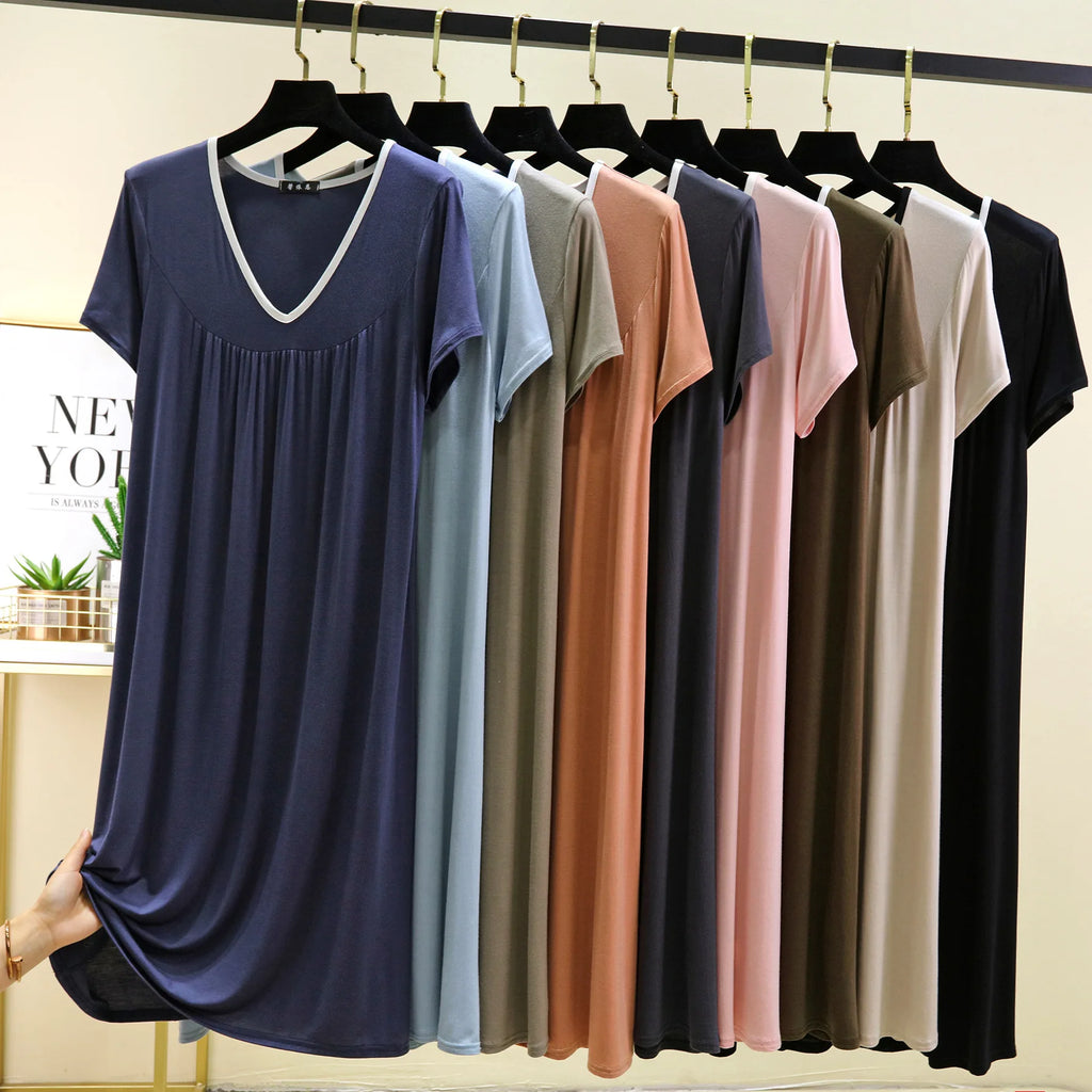 Plus size L to 6XL Modal V-Neck sleepdress summer women Loose homewear dress solid color casual long nightdress comfort homewear
