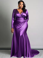 Plus Size Elegant Women Dress Solid V-Neck Long Sleeve High Waist Luxury Evening Gown Party Wedding Guest Fishtail Long Dresses