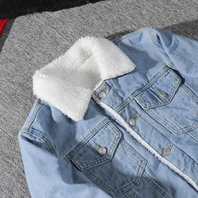 Men's Denim Jacket Autumn Winter Thickened Fleece Collar Cotton Jacket Loose Fit Warm Korean Style Lamb Velvet Lined Coat