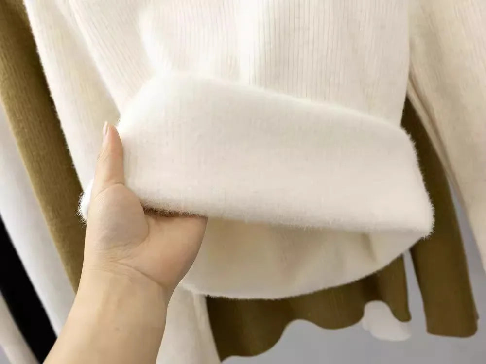 V-Neck Plus Velvet Thicken Knitted Pullover Sweater Woman Casaul Korean Fashion Knitwear Tops Jumpers Plush Lined Warm Sueter
