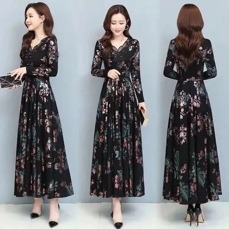 Spring Autumn New Women Dress Elegant Temperament Long A-Line Dress High End Fashion Lace Printed Beading Dresses Vestidos Mujer
