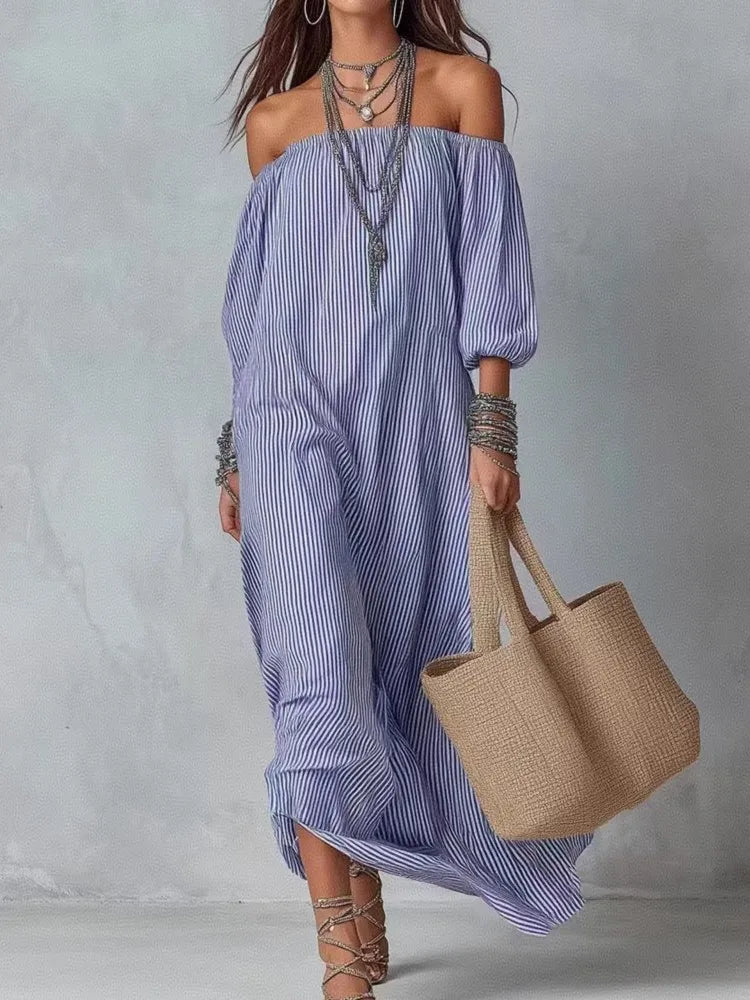 Casual Dresses New Spring Summer Elegant Striped Off-shoulder Loose Holiday Fashion Dress For Women Office Holiday Party Dress
