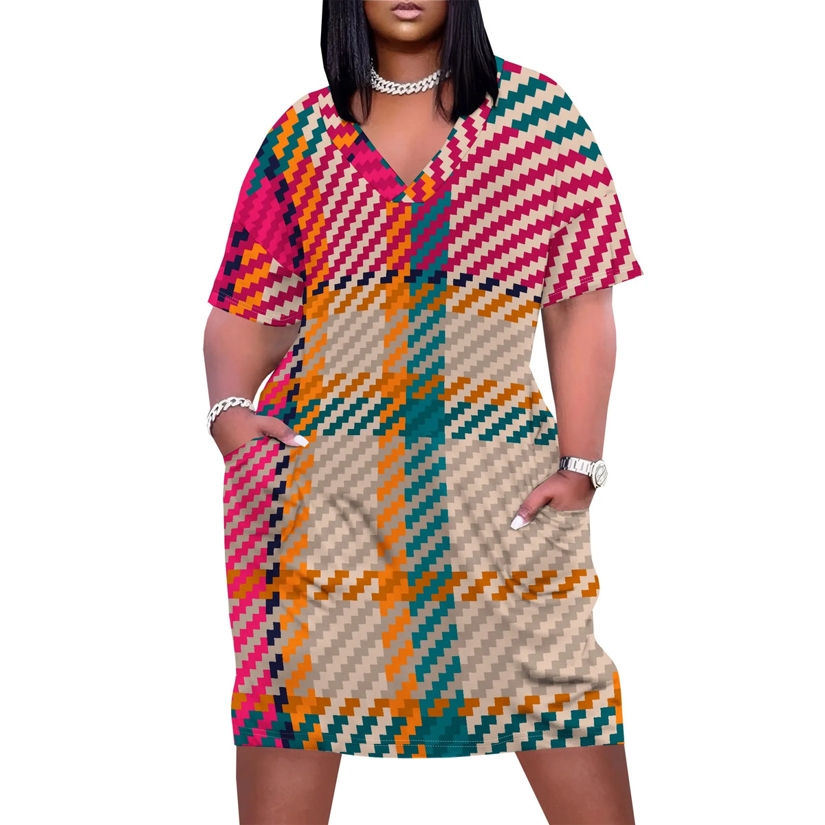 Plus Size Women Casual T-Shirt Dress V Neck Short Sleeve with Front Two Pockets Solid Color Oversize Dresses