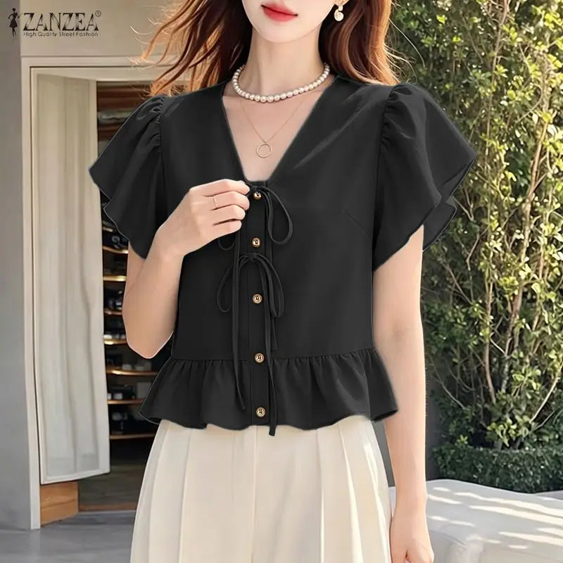 ZANZEA Summer Women Tops 2026 Elegant V Neck Short Sleeve Work Shirt Femme Casual Lace -Up Blusas Stylish Ruffled Holiday Blouse