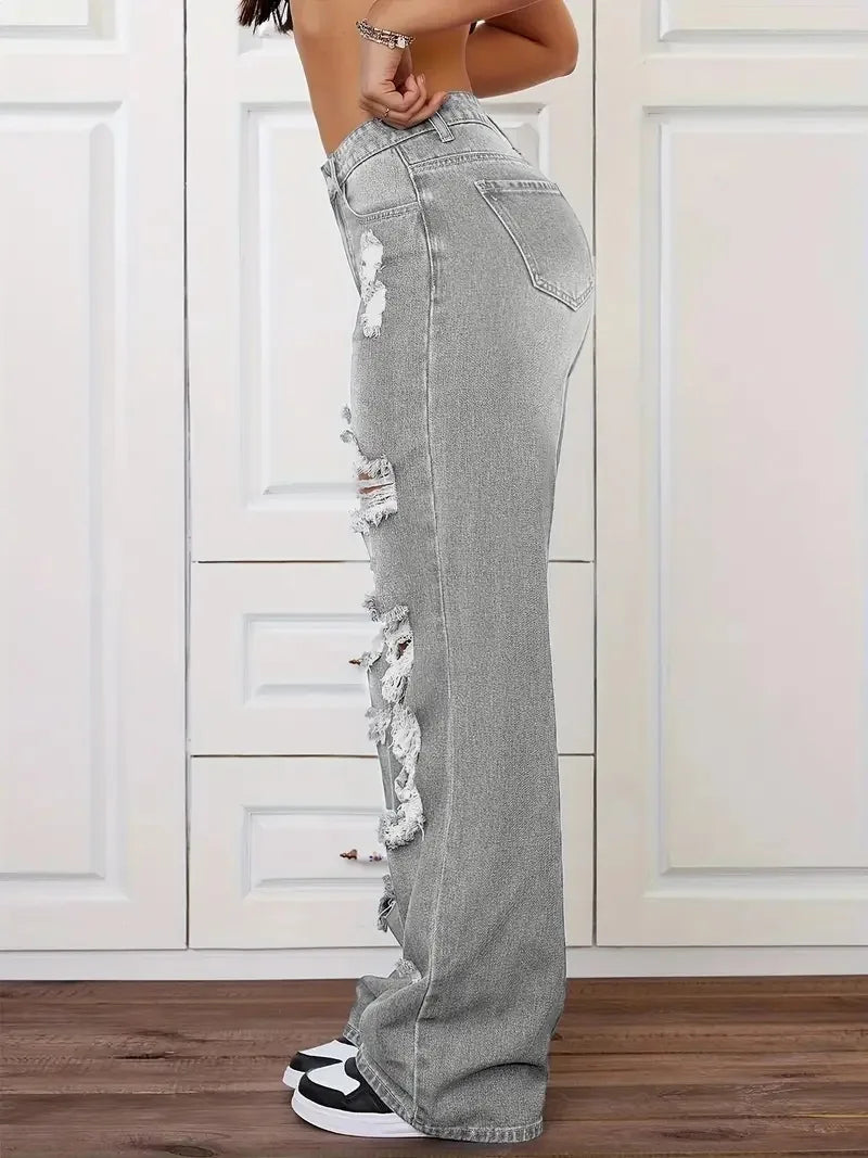 Jean femme taille haute déchiré – Coupe wide leg streetwear
