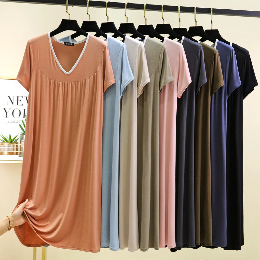 Plus size L to 6XL Modal V-Neck sleepdress summer women Loose homewear dress solid color casual long nightdress comfort homewear