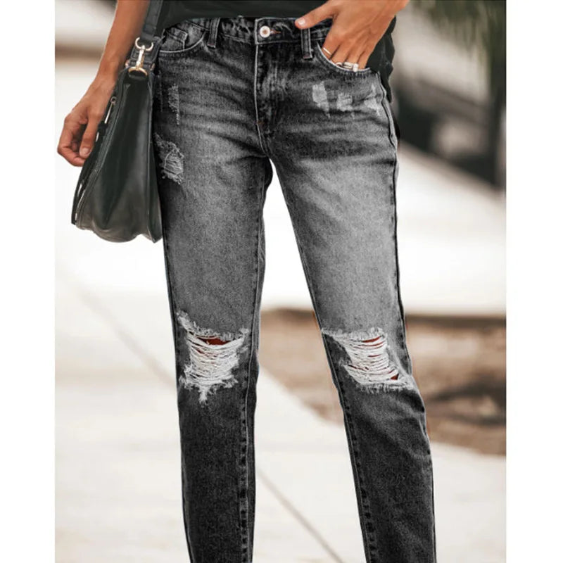 Washed Ripped Straight-leg Jeans. Four Seasons New Fashionable, Personalized, Casual and Comfortable 9-inch Jeans for Ladies