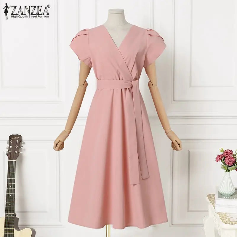 Women Fashion OL Work Sundress ZANZEA Elegant Summer Short Sleeve Dress Casual Solid A Line Vestido Kaftan Sarafans Robe Femme