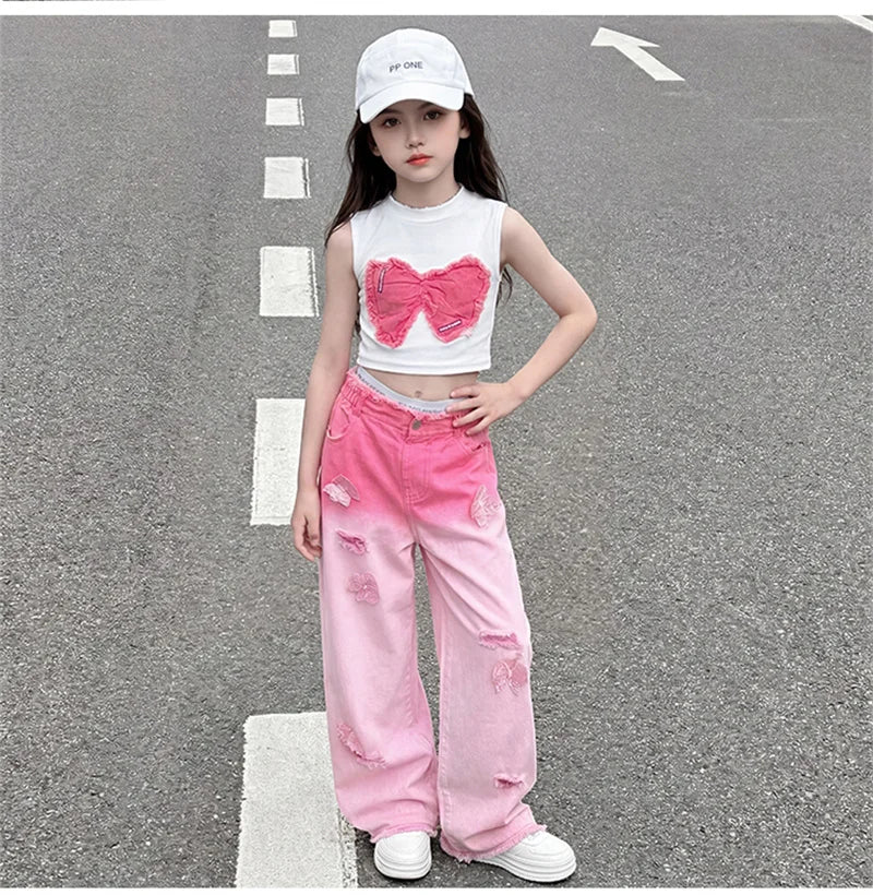 Teenage Girls Clothing Sets Hot Deals Bow Crop Top+Hole Wide Leg Jeans with Butterfly 2Pcs Fashion Gradient Child Clothes Suits