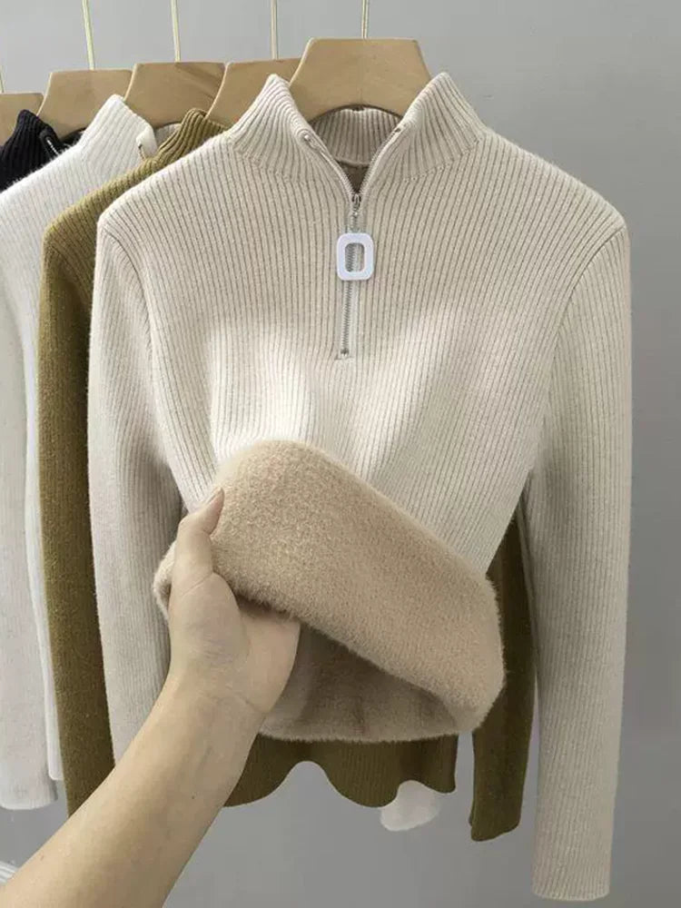 V-Neck Plus Velvet Thicken Knitted Pullover Sweater Woman Casaul Korean Fashion Knitwear Tops Jumpers Plush Lined Warm Sueter