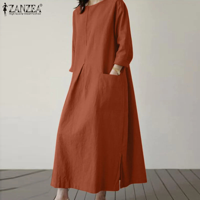 2024 ZANZEA Fashion Summer Vintage Women Solid 3/4 Sleeve Sundress Baggy Loose Casual Dress Oversize Vestidos Kaftan Robe Femme