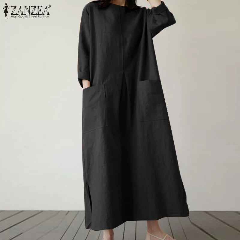 2024 ZANZEA Fashion Summer Vintage Women Solid 3/4 Sleeve Sundress Baggy Loose Casual Dress Oversize Vestidos Kaftan Robe Femme