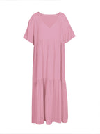 plus Size Women's Casual Loose V-Neck Solid Long Dress Spring Summer Pleated Big Size Women's Dress