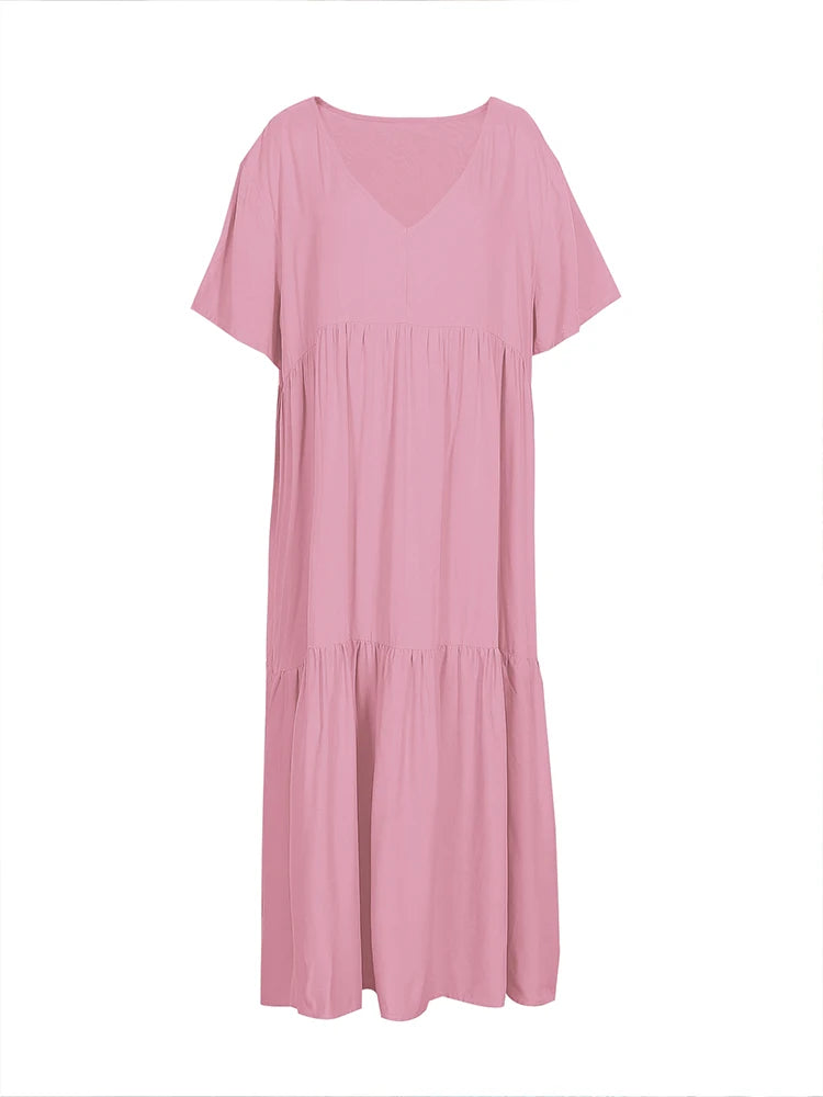 plus Size Women's Casual Loose V-Neck Solid Long Dress Spring Summer Pleated Big Size Women's Dress