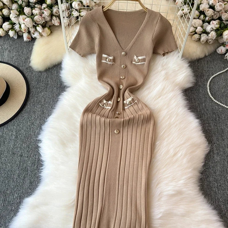 Elegant Knitted Long Dress Women Summer V Neck Single Breatsed Short Sleelve Bodycon Dresses Fashion Party Office Lady Vestidos