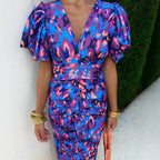 Elegant Women's Dresses Summer Print V-neck Tight Short Sleeved Women